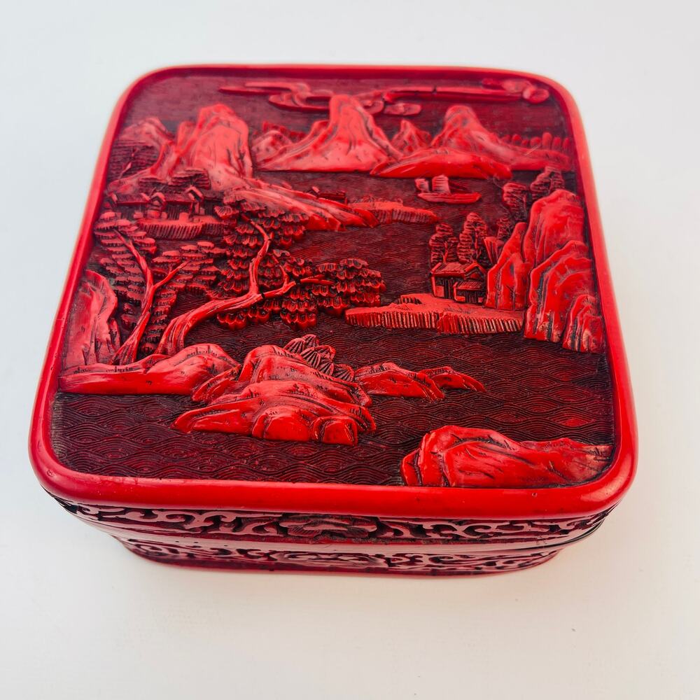 Vintage Chinese Red Cinnabar Lacquered Box Hand-Carved Landscape Scene